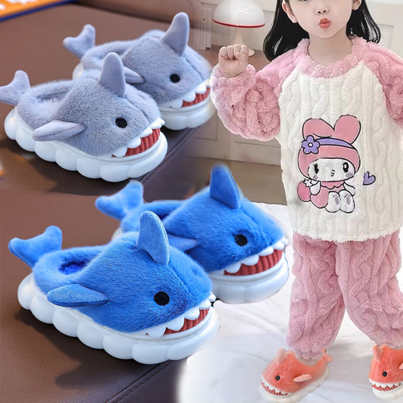 Cute Cartoon Shark Winter Heel Wrap Slippers For Kids Soft Sole Nonslip Plush Warm Childrens Shoes 0