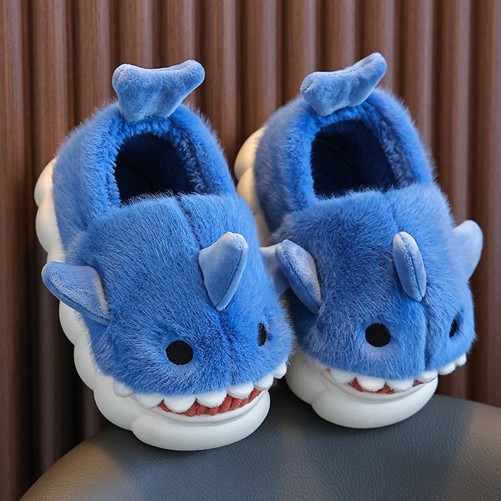 Cute Cartoon Shark Winter Heel Wrap Slippers For Kids Soft Sole Nonslip Plush Warm Childrens Shoes 5