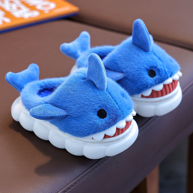 Cute Cartoon Shark Winter Heel Wrap Slippers For Kids Soft Sole Nonslip Plush Warm Childrens Shoes 3