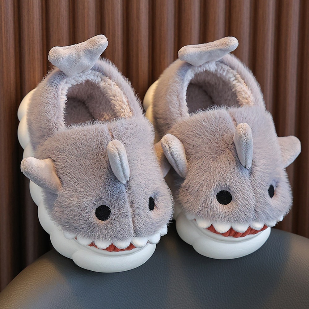Cute Cartoon Shark Winter Heel Wrap Slippers For Kids Soft Sole Nonslip Plush Warm Childrens Shoes 6