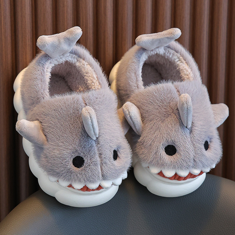 Cute Cartoon Shark Winter Heel Wrap Slippers For Kids Soft Sole Nonslip Plush Warm Childrens Shoes 6