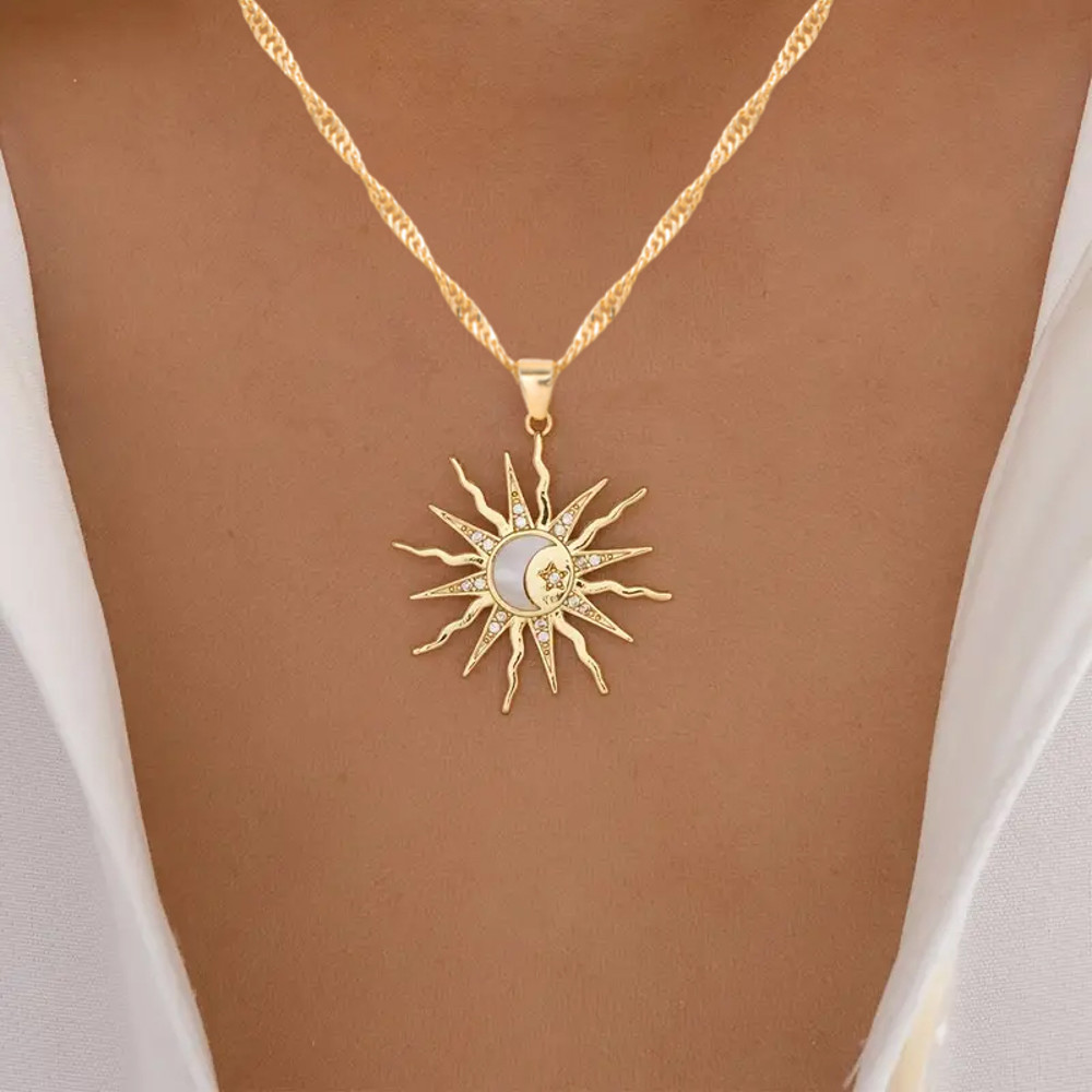 Retro Pendant Necklace, Three In One Sun Star Moon Design, Shining Rhinestone Jewelry for Women, Elegant Daily and Party