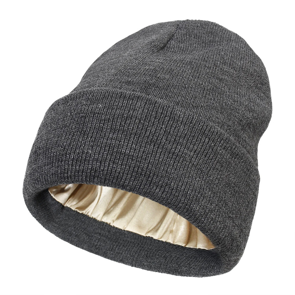Winter Silk Lining Beanie Unisex Anti Static Hat Slouchy Warm Cuffed Skullies Satin Lined 2Layer Ha 5