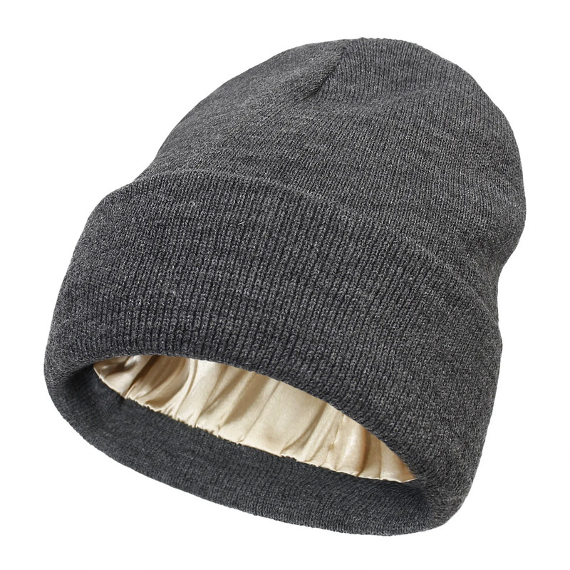 Winter Silk Lining Beanie Unisex Anti Static Hat Slouchy Warm Cuffed Skullies Satin Lined 2Layer Ha 5
