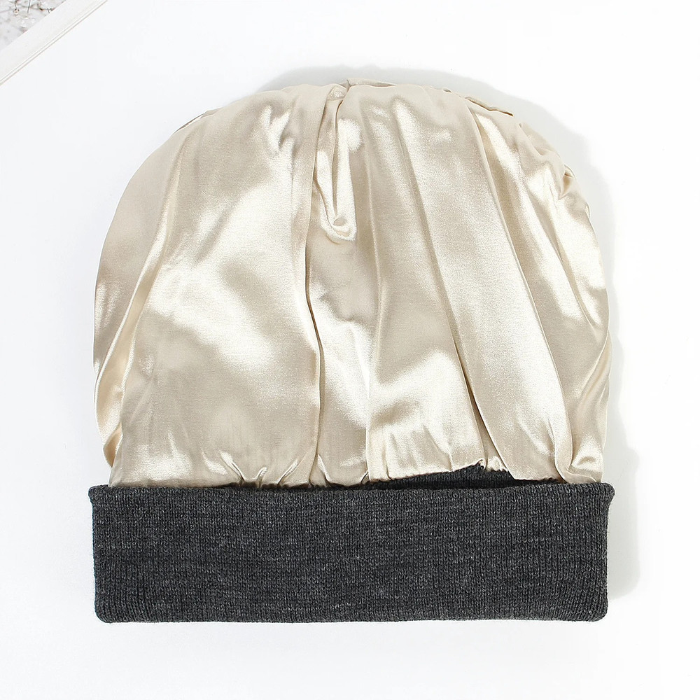 Winter Silk Lining Beanie Unisex Anti Static Hat Slouchy Warm Cuffed Skullies Satin Lined 2Layer Ha 4