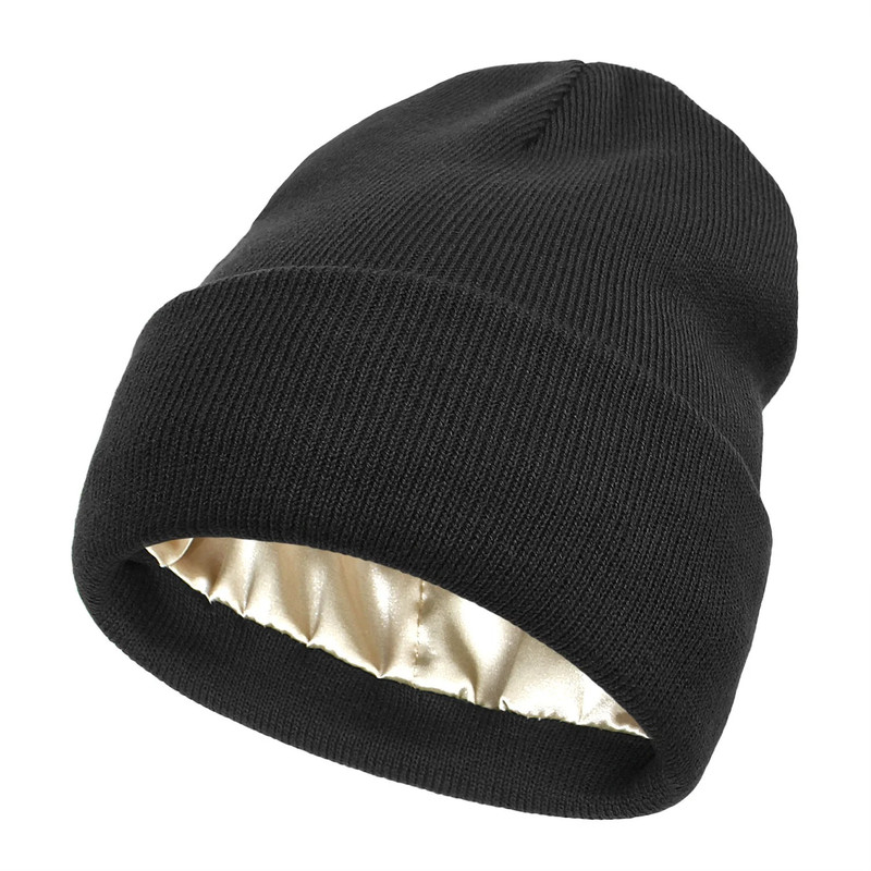 Winter Silk Lining Beanie Unisex Anti Static Hat Slouchy Warm Cuffed Skullies Satin Lined 2Layer Ha 7
