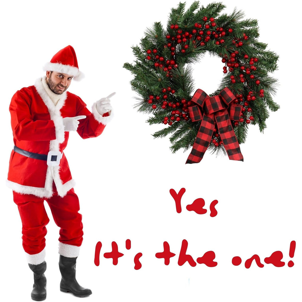 Artificial Christmas Wreath, Red Berries and Black Red Checkered Ribbon, Christmas Door Decoration