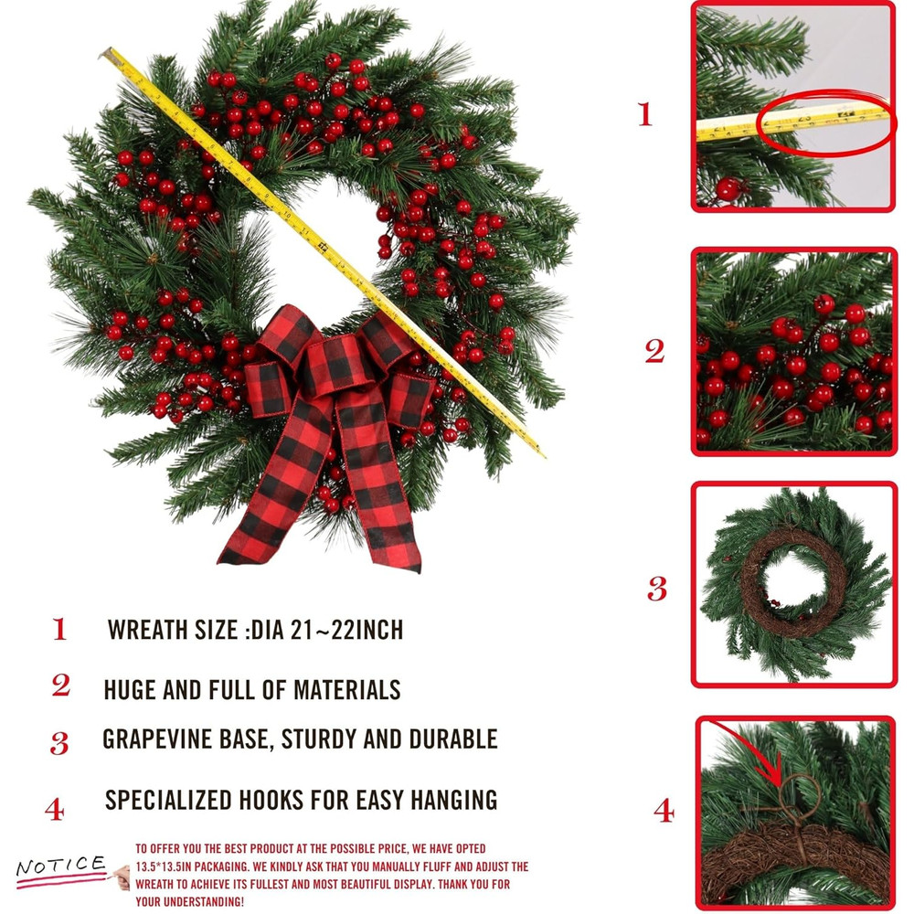 Artificial Christmas Wreath, Red Berries and Black Red Checkered Ribbon, Christmas Door Decoration