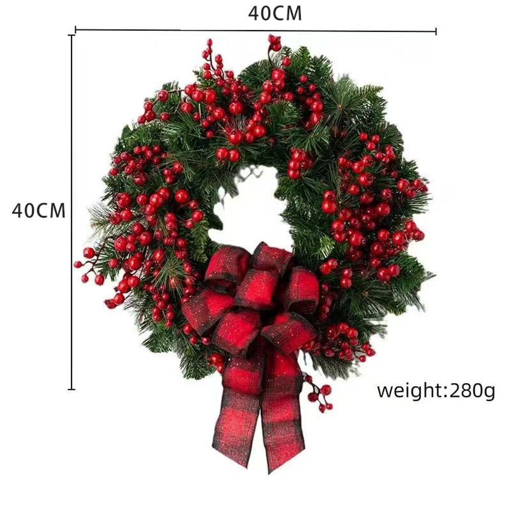 Artificial Christmas Wreath, Red Berries and Black Red Checkered Ribbon, Christmas Door Decoration