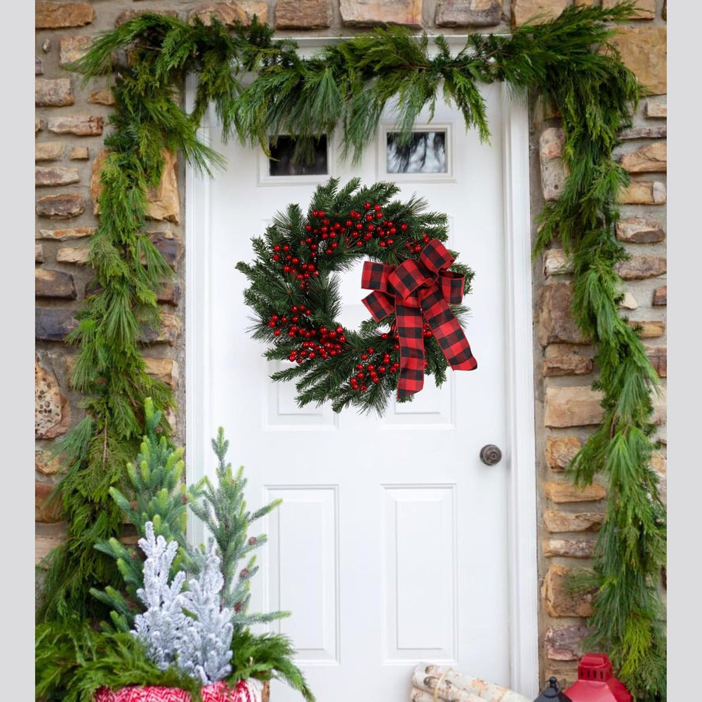 Artificial Christmas Wreath, Red Berries and Black Red Checkered Ribbon, Christmas Door Decoration
