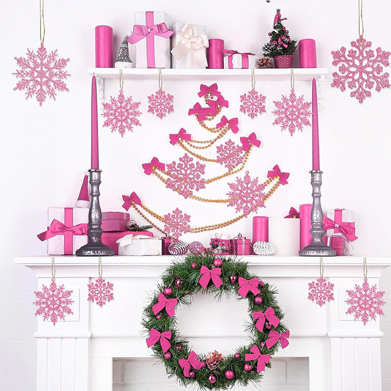 Christmas Tree Hollow Snowflake, Pink Glitter, Plastic Decorations, Pendants, New Year Party Festival Supplies