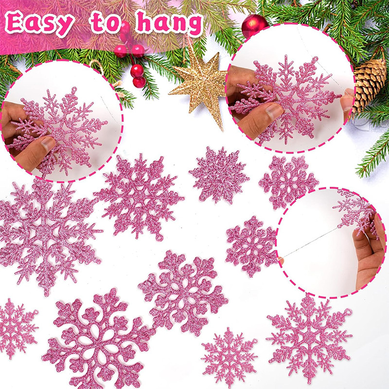 Christmas Tree Hollow Snowflake, Pink Glitter, Plastic Decorations, Pendants, New Year Party Festival Supplies