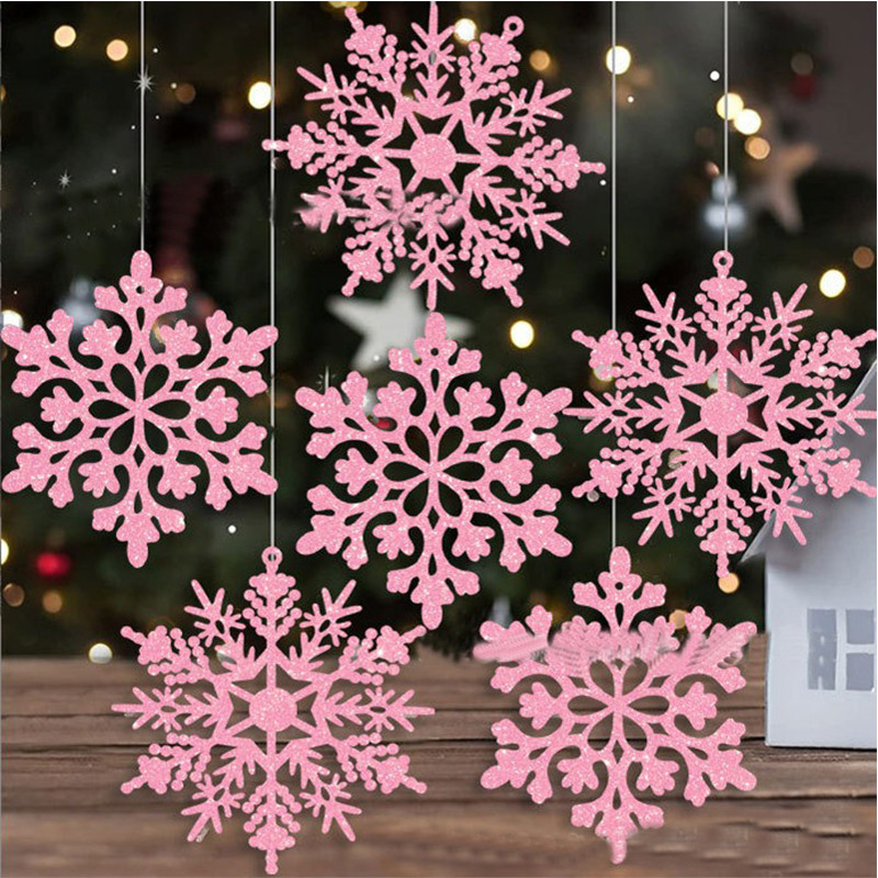 Christmas Tree Hollow Snowflake, Pink Glitter, Plastic Decorations, Pendants, New Year Party Festival Supplies