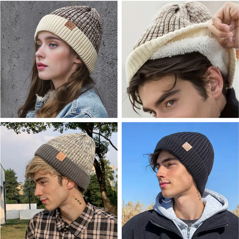 Fur Lined Winter Hat New Unisex TwoTone Beanie Fashion Warm Knitted Cap Men And Women Casual Winter 4