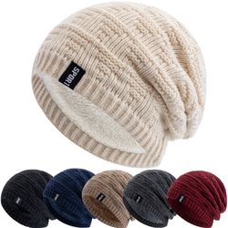 plush fur lined hats for men women, unisex fashion beanie hat, solid ski sports winter cap, keep warm knitted hat