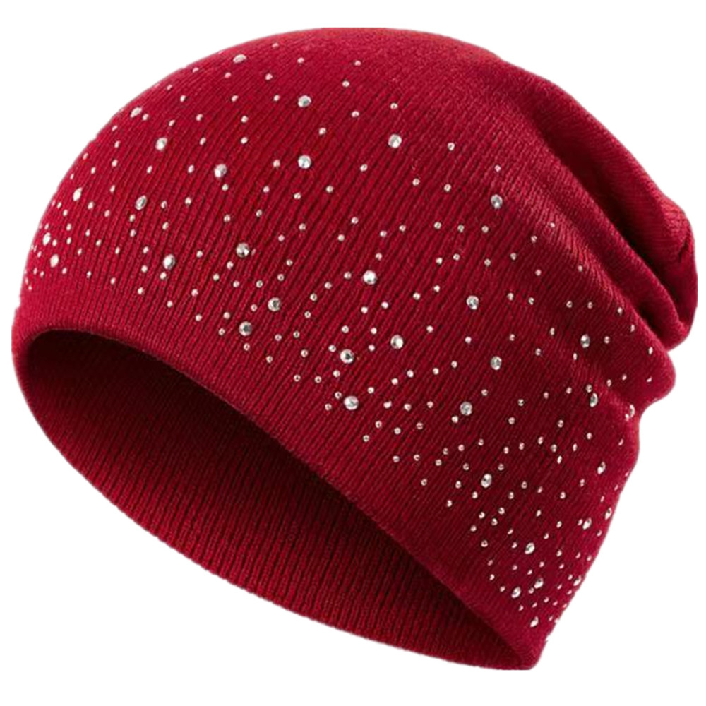 Fall Hat Stylish Shiny Rhinestone Decor Women Casual Winter Outdoor Streetwear Knitted Beanie 9