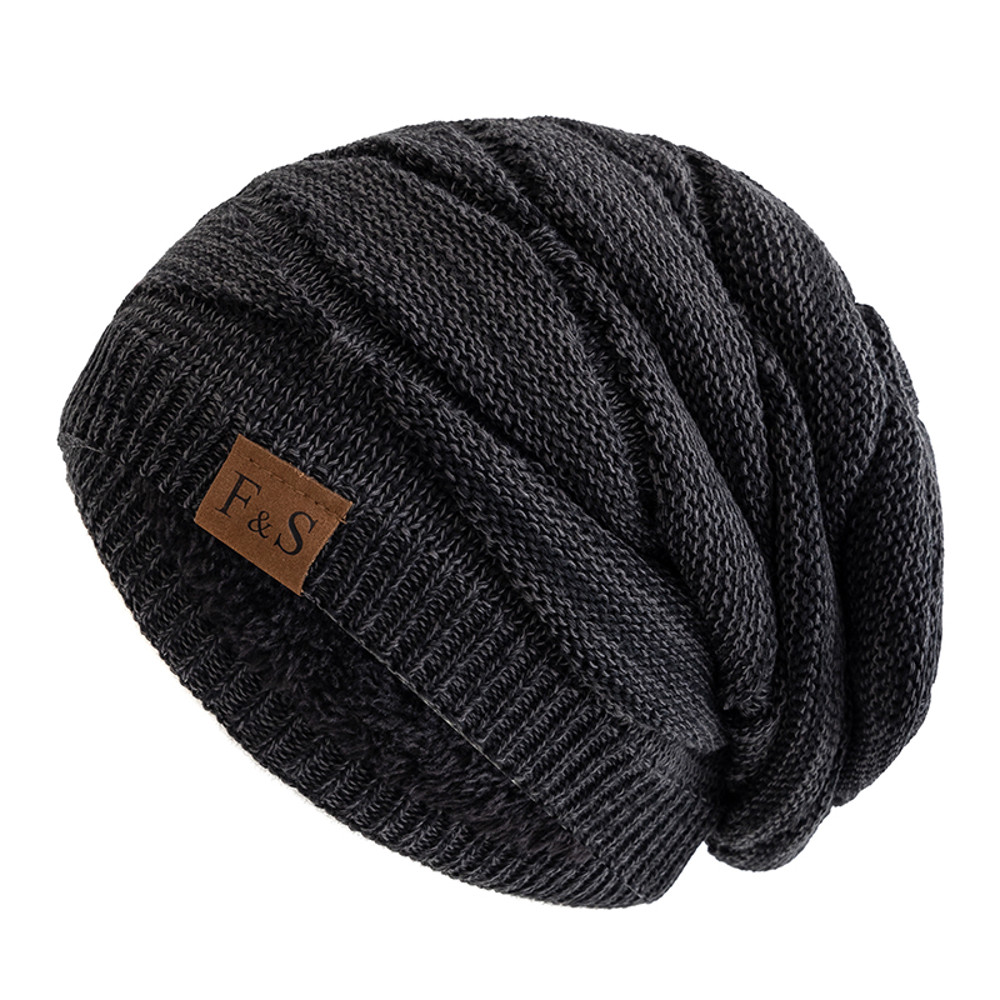 Warm Fleece Lined Beanie Cap New Unisex Slouchy Winter Hats Men Women Casual Label Decor 9