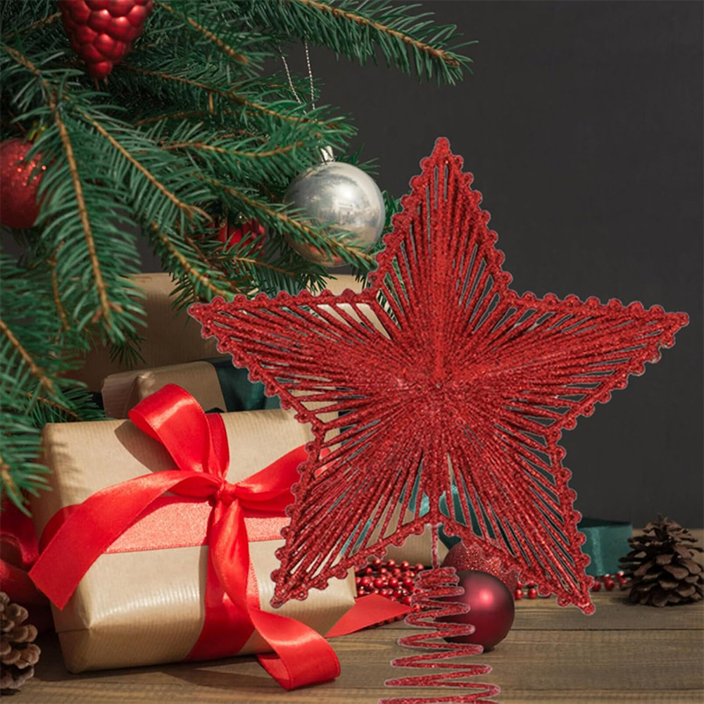 Iron Star Christmas Decor Red Glitter Tree Topper Sparkling Xmas Tree Ornament Navidad New Year Nat 1