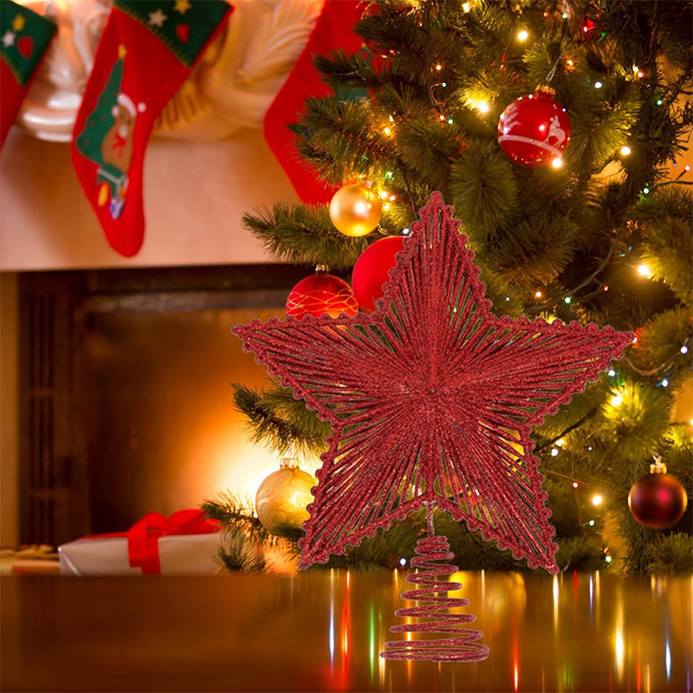 Iron Star Christmas Decor Red Glitter Tree Topper Sparkling Xmas Tree Ornament Navidad New Year Nat 2