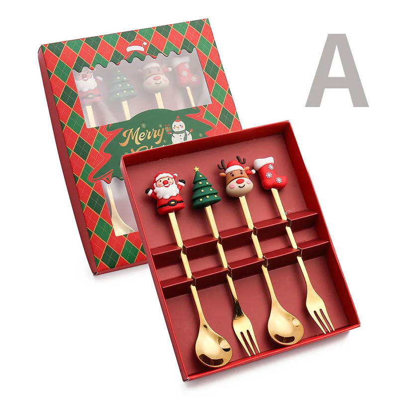 Christmas Gift Set Gold Silver Cutlery Spoon Fork Set Elk Tree Decoration Dessert Scoop Fruit Fork 5