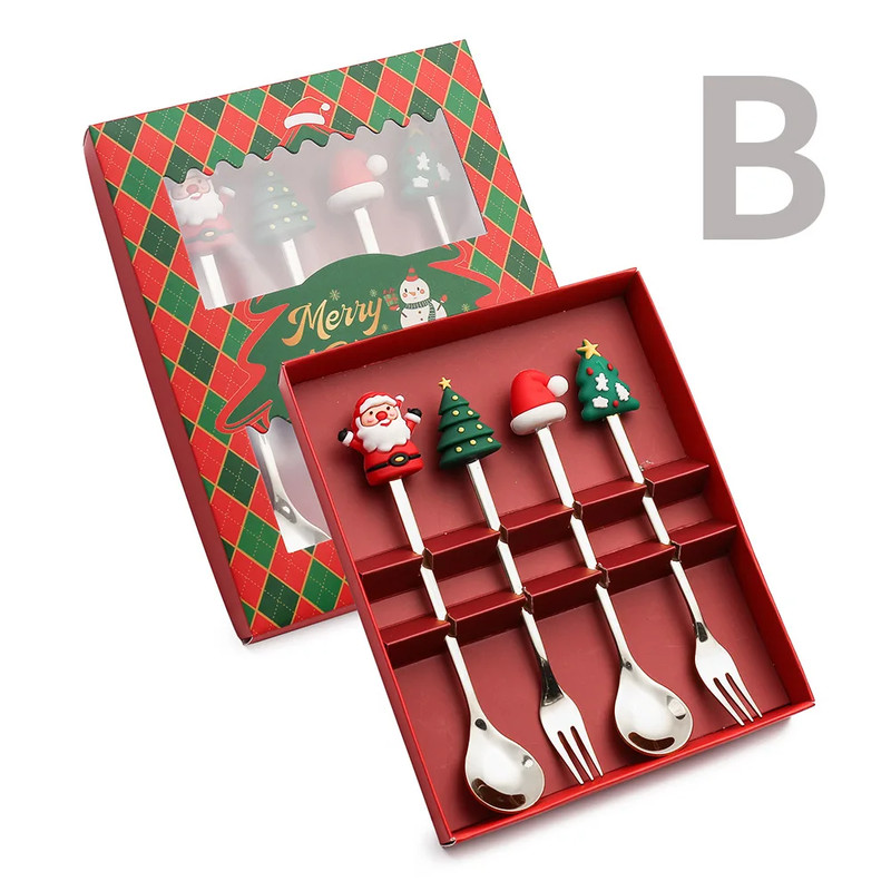 Christmas Gift Set Gold Silver Cutlery Spoon Fork Set Elk Tree Decoration Dessert Scoop Fruit Fork 9