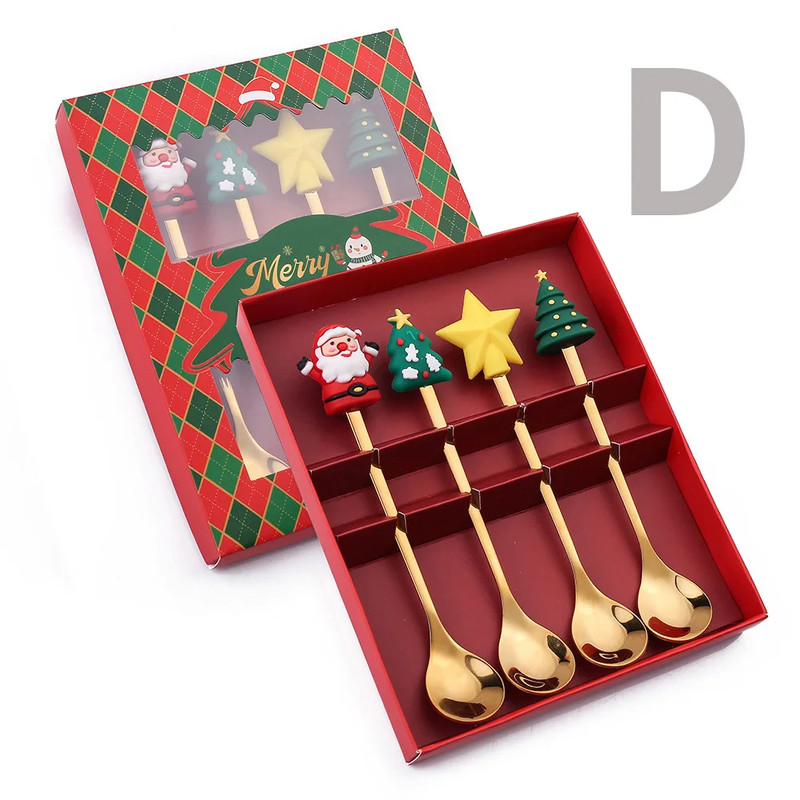 Christmas Gift Set Gold Silver Cutlery Spoon Fork Set Elk Tree Decoration Dessert Scoop Fruit Fork 7