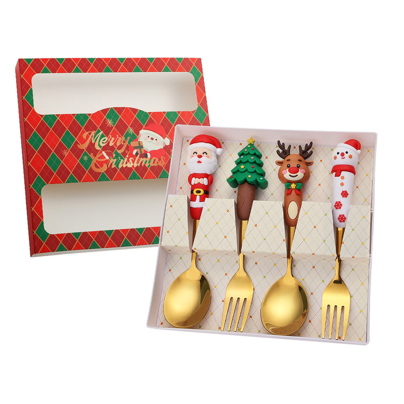 Stainless Steel Christmas Dinnerware, Tableware, Luxury Gift Box, Santa Cutlery, Dessert Fork, Coffee Spoon