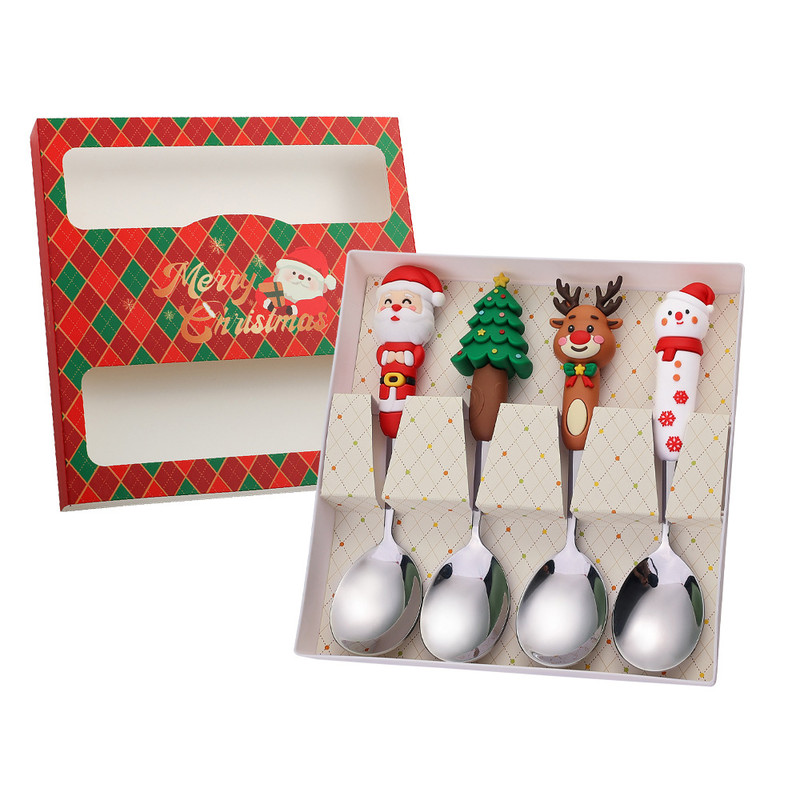 Stainless Steel Christmas Dinnerware, Tableware, Luxury Gift Box, Santa Cutlery, Dessert Fork, Coffee Spoon