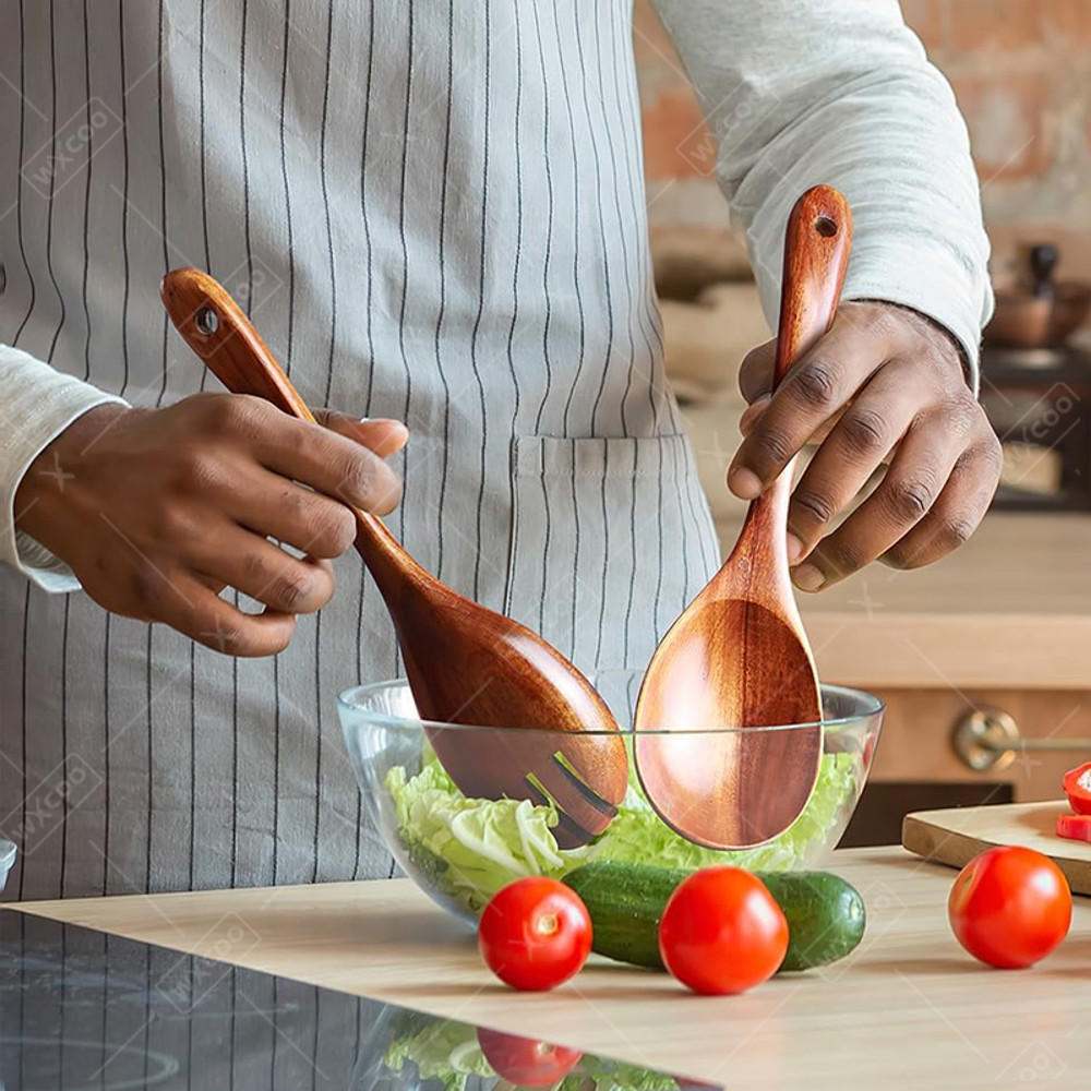 Salad Spoon and Fork, Wood Acacia Salad Servers, Long Handle Serving, Kitchen Scoop
