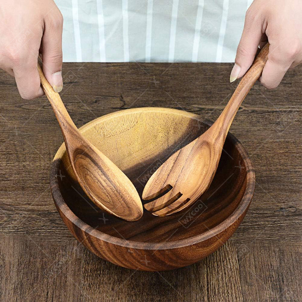 Salad Spoon and Fork, Wood Acacia Salad Servers, Long Handle Serving, Kitchen Scoop