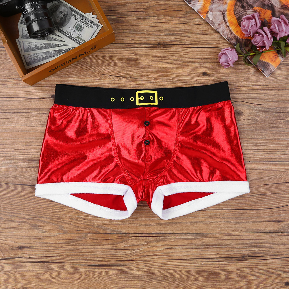 Christmas Underwear Santa Claus Men Red Faux Leather Boxer Shorts Party Panties Costume Rave Male U 2