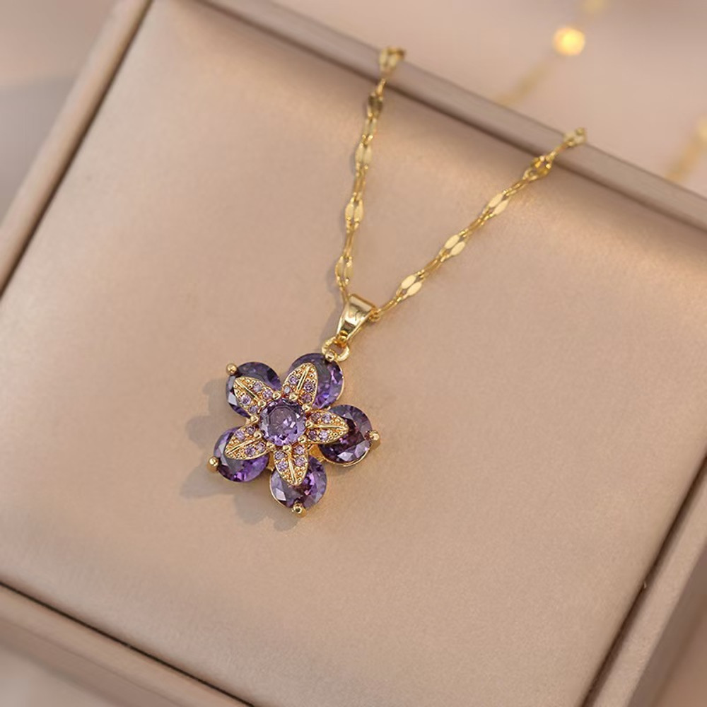 Gold Color Light Chrismas Zircon Flower Women Pendant Necklace High Sense Chain Jewelry Party And G 5