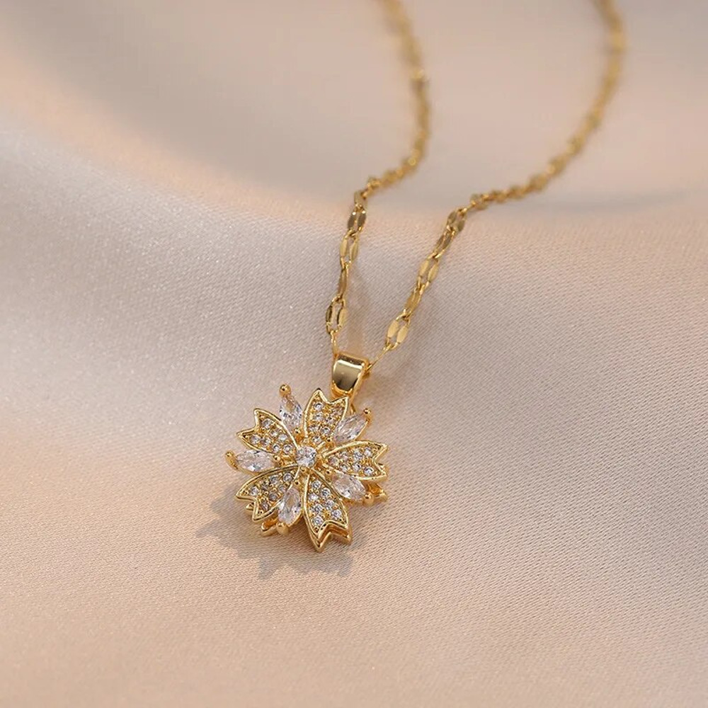 Gold Color Light Chrismas Zircon Flower Women Pendant Necklace High Sense Chain Jewelry Party And G 10