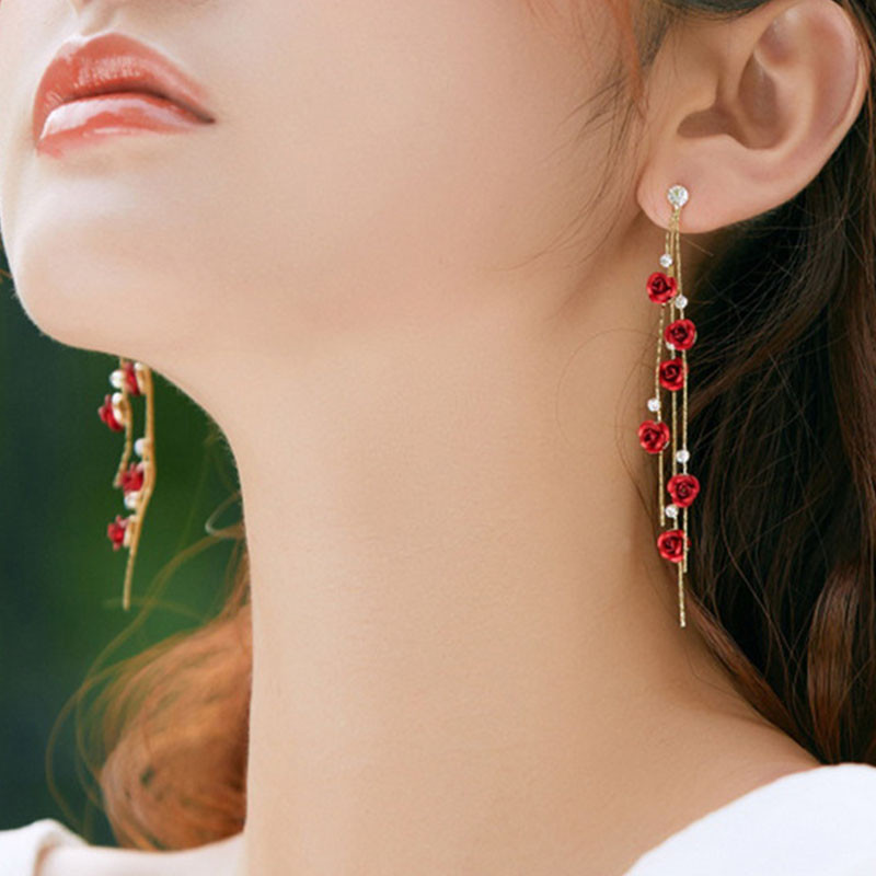Red Rose Drop Earrings New Fashion Jewelry Women Vintage Rhinestone Dangle Flowers Earring Engageme 3