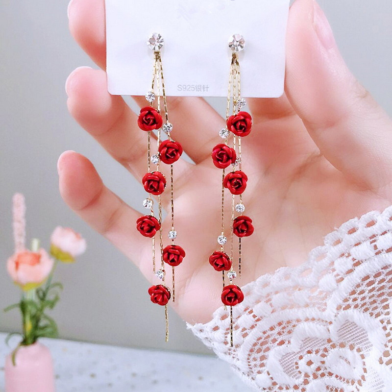 Red Rose Drop Earrings New Fashion Jewelry Women Vintage Rhinestone Dangle Flowers Earring Engageme 5