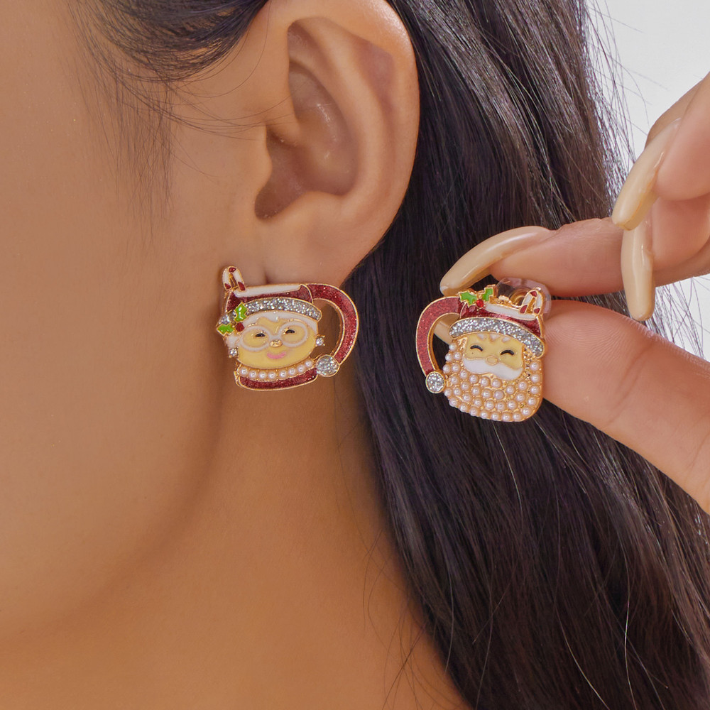 White Pearl Crystal Snowman, Elk Earrings, Creative Christmas Grandpa and Grandma Zircon Stud Earrings, New Year Jewelry