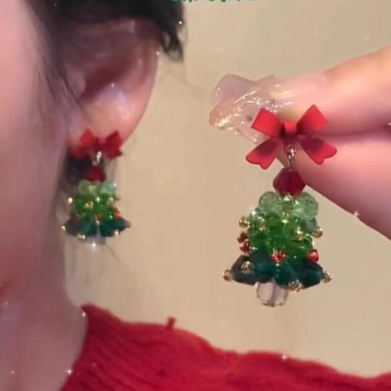 Dangle Earrings For Women Exquisite Cute Red Bow Earring New Christmas Tree Luxury Shiny Ear Access