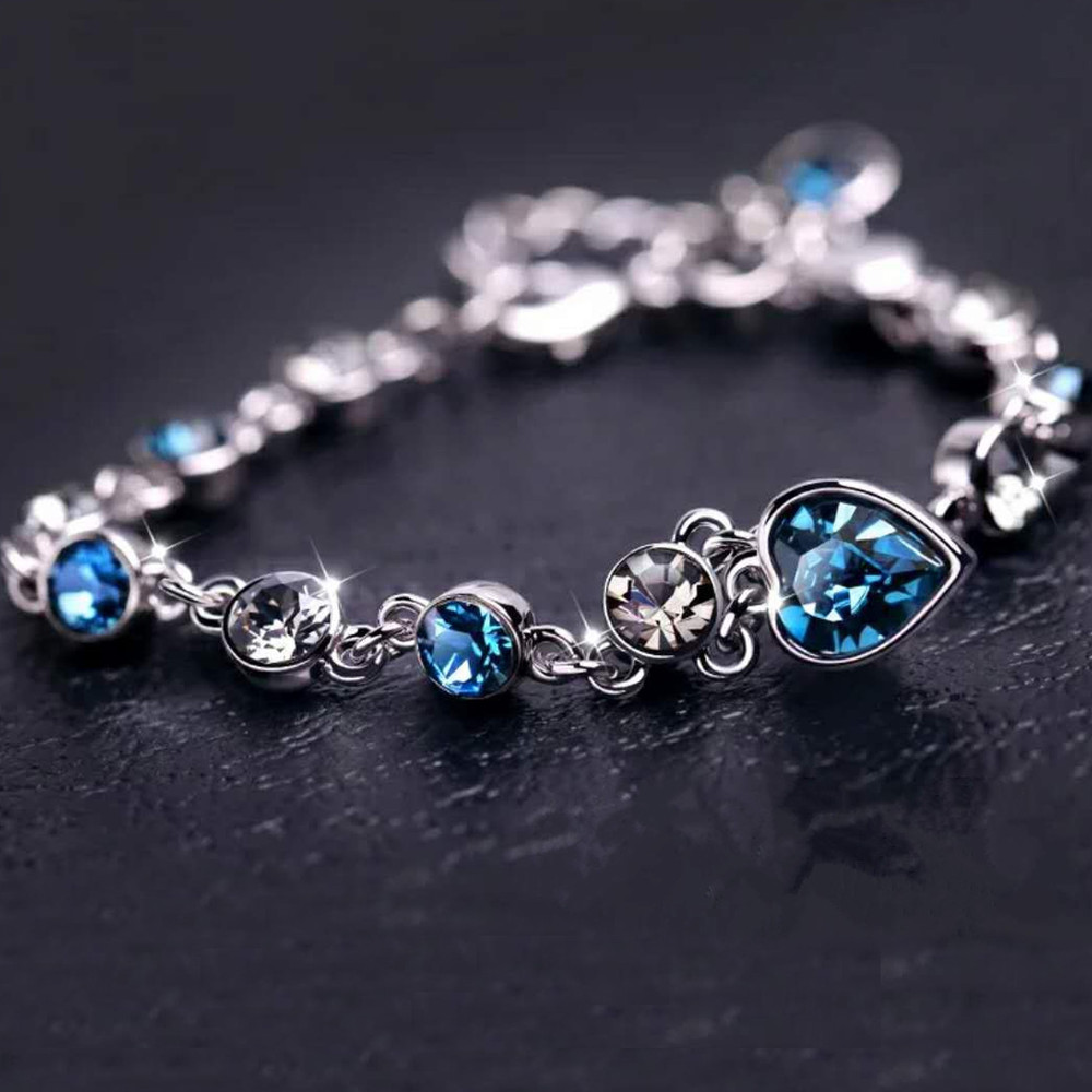 Blue Crystal Heart Charm Bracelet For Women Silver Color Lucky Pulseras Bracelet Bridal Wedding Eng 1