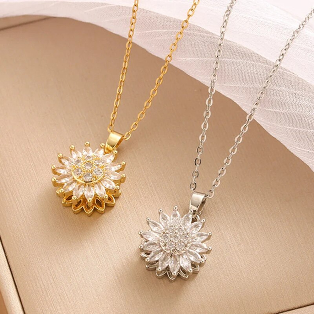 Stainless Steel Zircon Necklace, Trendy Rotation Spin Sunflower, Metal Crystal Jewelry, Birthday Party Gifts for Women