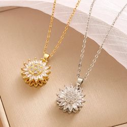 stainless steel zircon necklace, trendy rotation spin sunflower, metal crystal jewelry, birthday party gifts for women