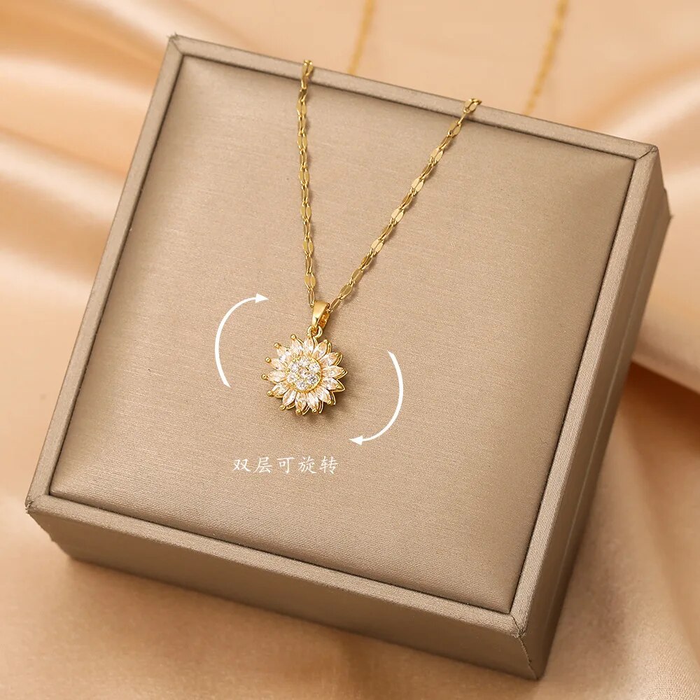 Stainless Steel Zircon Necklace, Trendy Rotation Spin Sunflower, Metal Crystal Jewelry, Birthday Party Gifts for Women