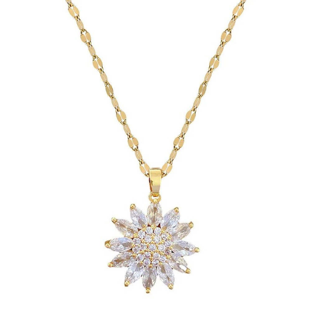 Stainless Steel Zircon Necklace, Trendy Rotation Spin Sunflower, Metal Crystal Jewelry, Birthday Party Gifts for Women