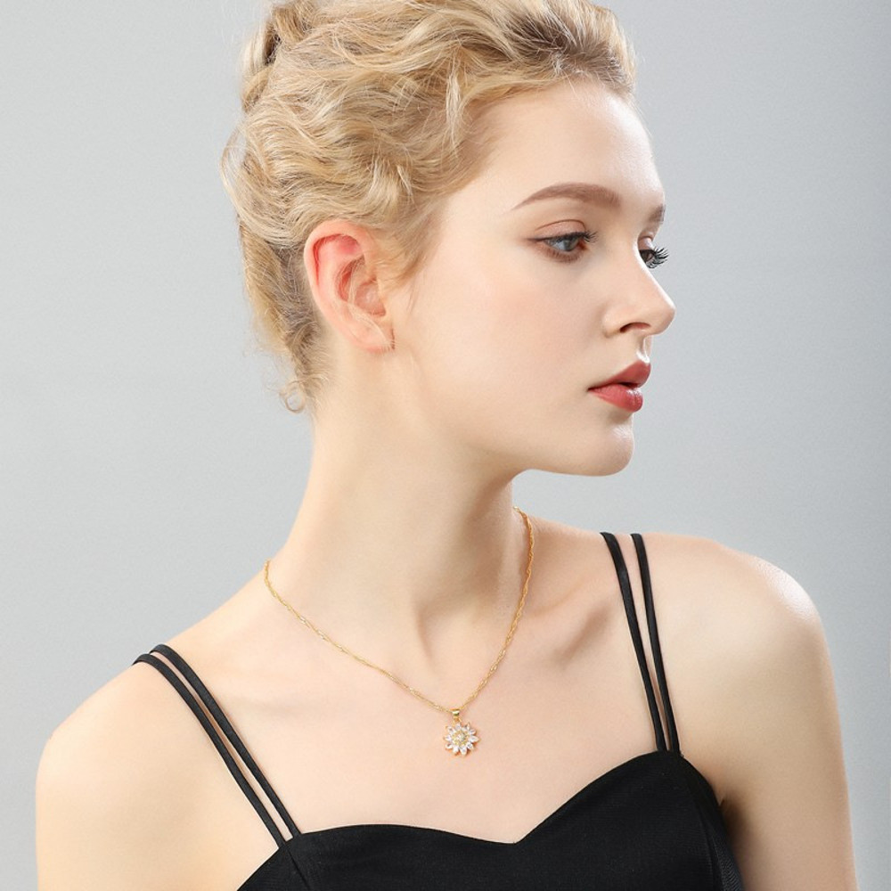 Stainless Steel Zircon Necklace, Trendy Rotation Spin Sunflower, Metal Crystal Jewelry, Birthday Party Gifts for Women