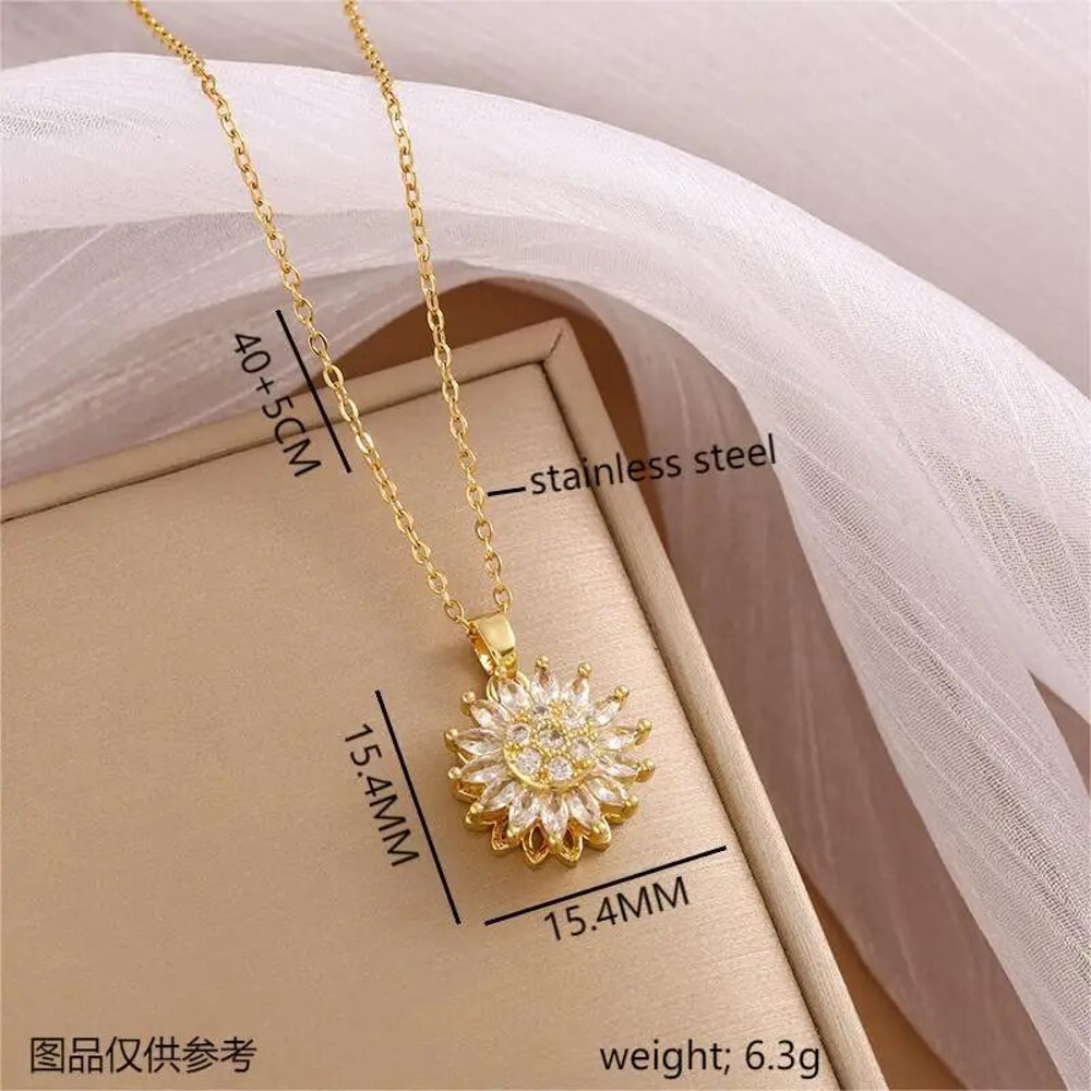 Stainless Steel Zircon Necklace, Trendy Rotation Spin Sunflower, Metal Crystal Jewelry, Birthday Party Gifts for Women