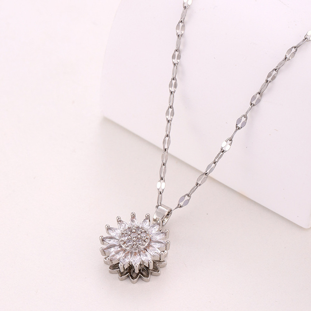 Stainless Steel Zircon Necklace, Trendy Rotation Spin Sunflower, Metal Crystal Jewelry, Birthday Party Gifts for Women