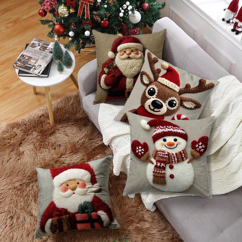 Cartoon Santa Snowman Elk Sofa Cushion Grey Red Christmas Pillowcase Merry Christmas Home Bed Car D 1