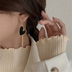 asymmetric, korean, hollow black heart earrings, drop earrings, party jewelry, temperament style, for women