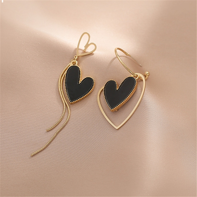 Asymmetric Korean Hollow Black Heart Earrings Drop Earrings Party Jewelry Temperament Style For Wom 2