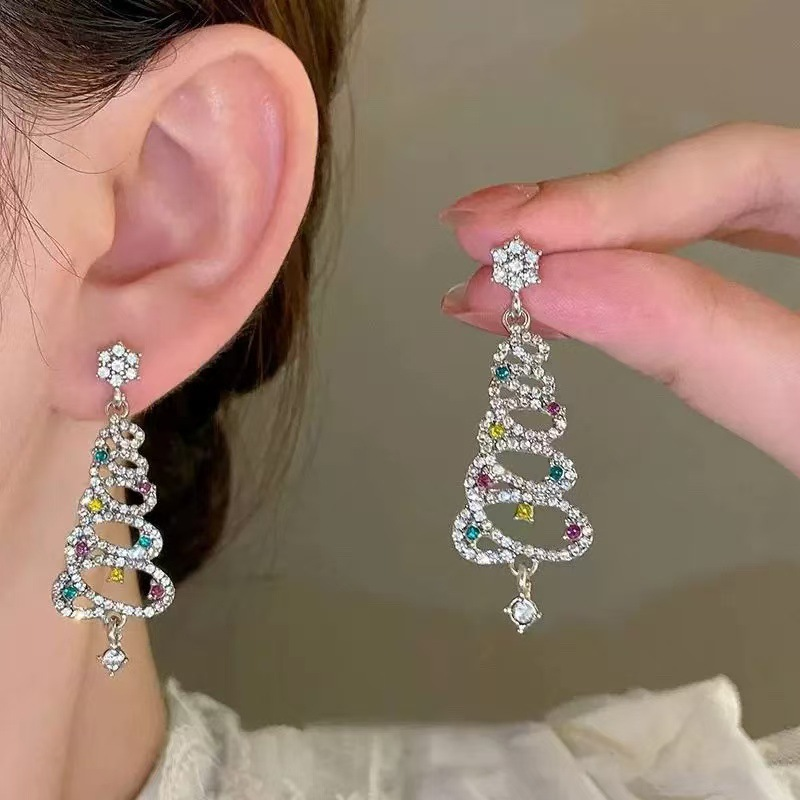 Rhinestone Zircon Xmas Tree Drop Christmas Tree Earrings For Women New Year Earrings 0