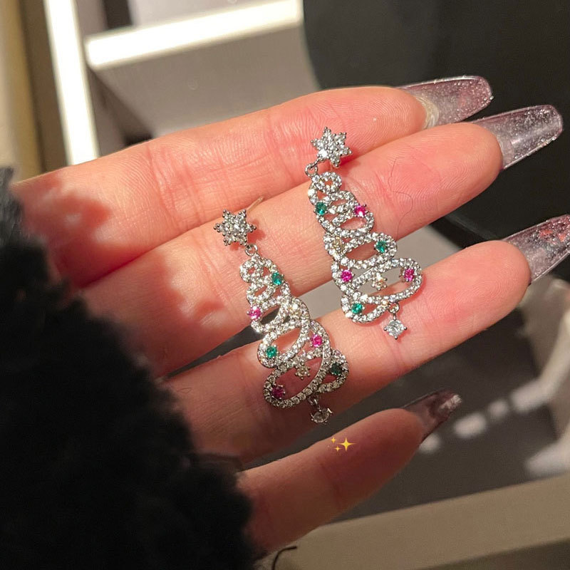 Rhinestone Zircon Xmas Tree Drop Christmas Tree Earrings For Women New Year Earrings 4
